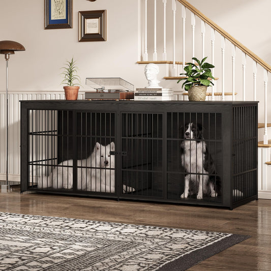 Garvee 94.5" Extra Large Dog House Furniture, Heavy Duty Wooden Dog Kennel Indoor End Table, TV Stand  for Large/Medium Dogs, 4 Doors, Divider, Storage, Adjustable Feet, Gray