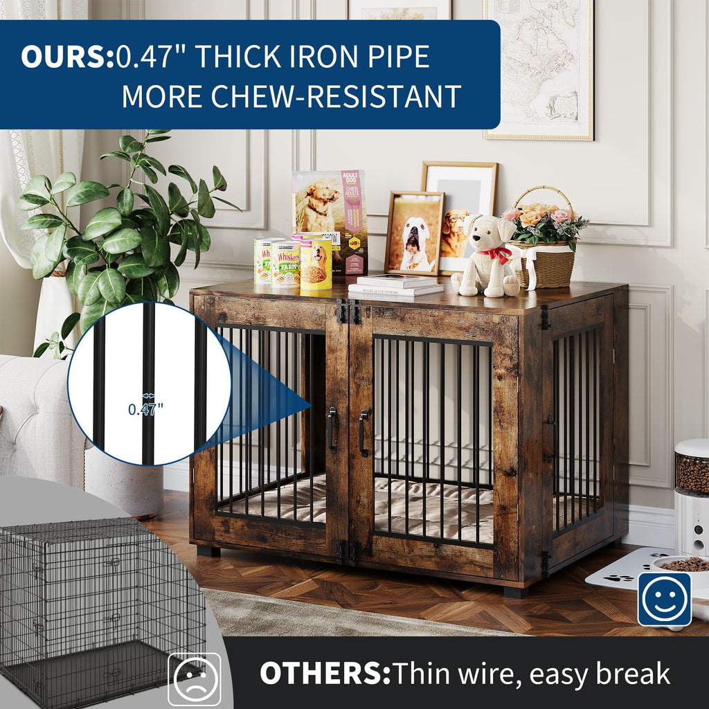 Garvee Rustic Farmhouse Dog Crate Furniture - Medium Indoor Wooden Kennel End Table with Dual Locking Doors - Chew-Resistant, Ventilated Pet Cage for Medium Dogs - Brown, Medium