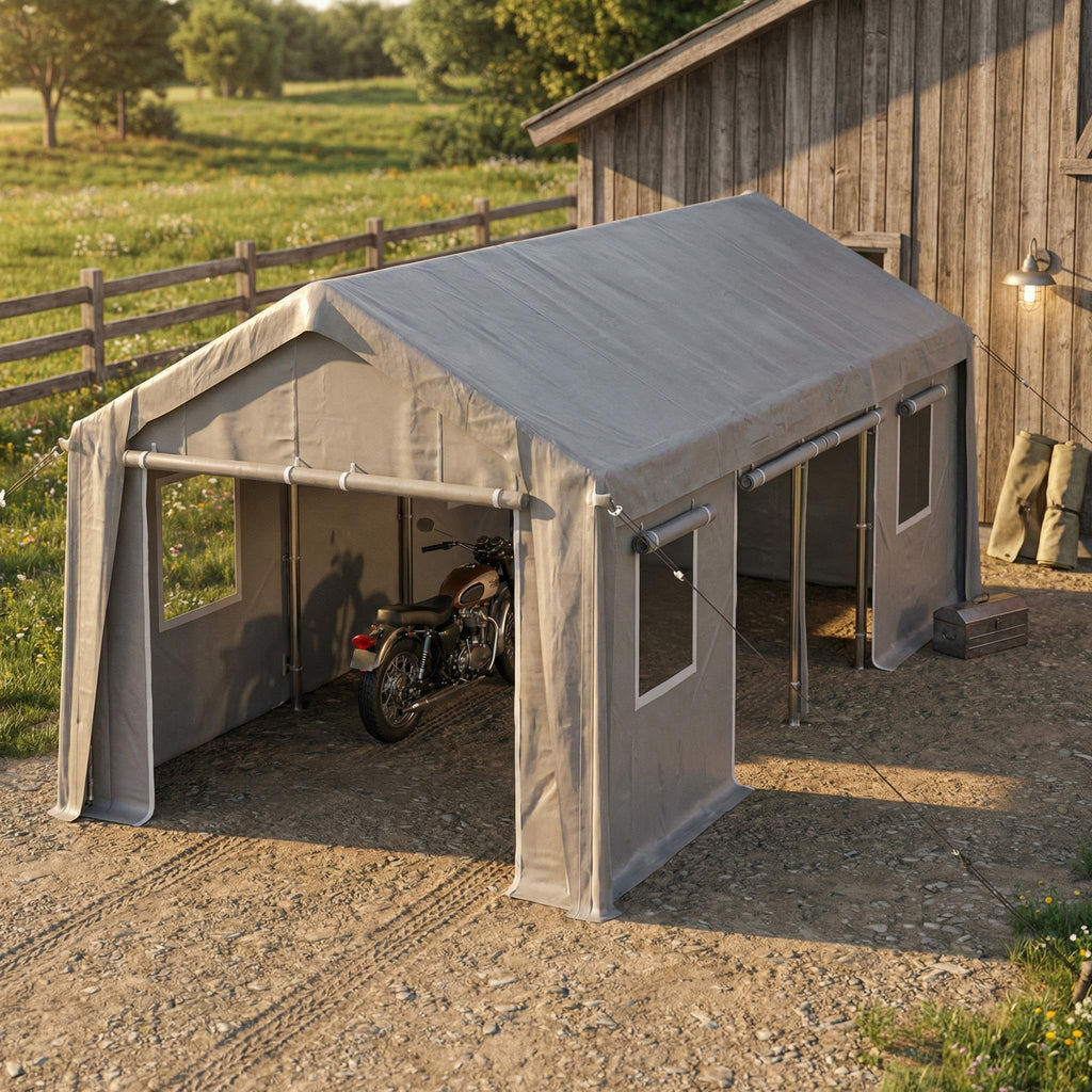Garvee 10 x 20 FT Carport Replacement Cover Kit, 200G PE Tarp with Front & Rear Zipper Doors, 2 Roll-Up Side Openings and 4 Mesh Windows, Gray, Frame Not Included