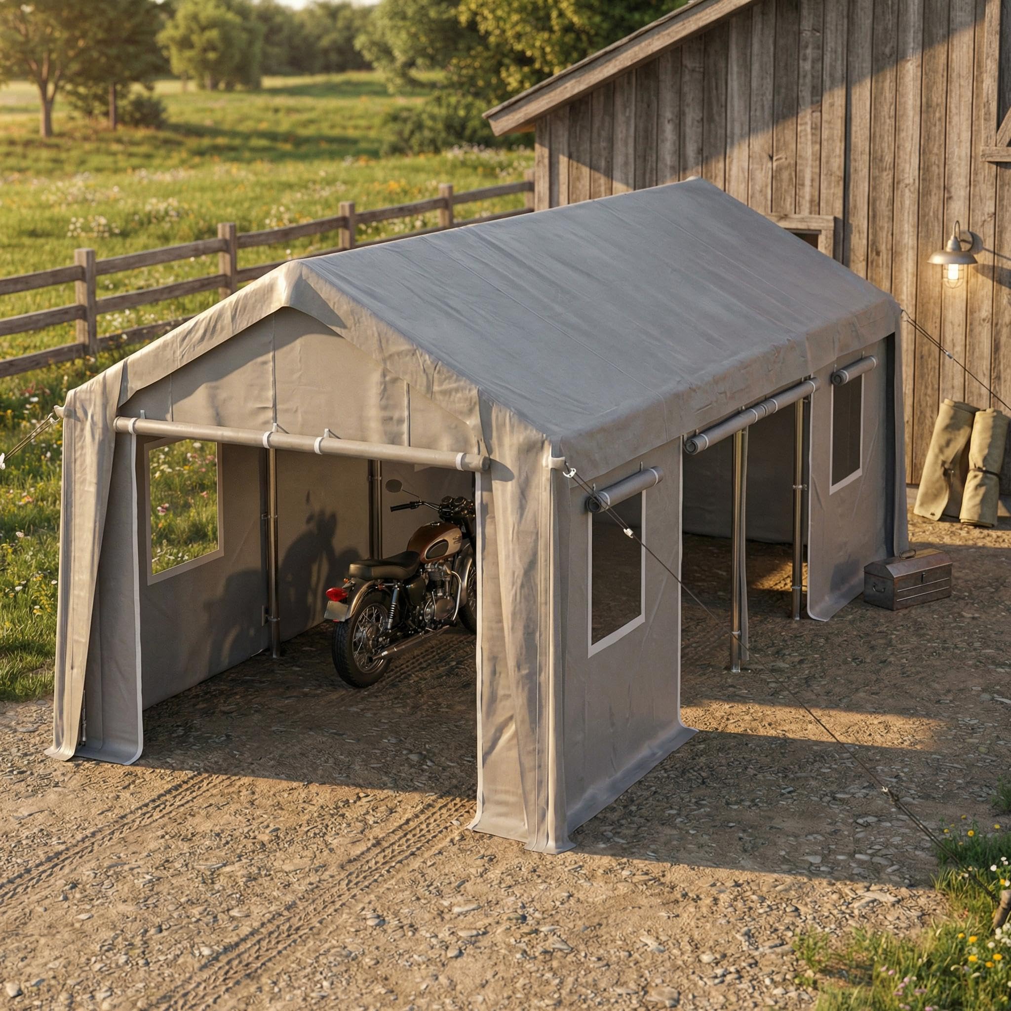 Garvee 10 x 20 FT Carport Replacement Cover Kit, 200G PE Tarp with Front & Rear Zipper Doors, 2 Roll-Up Side Openings and 4 Mesh Windows, Gray, Frame Not Included
