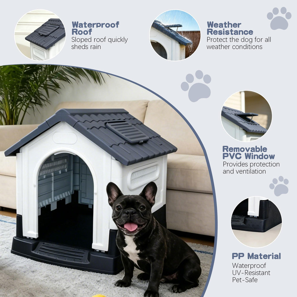 Garvee Small Dog House Outdoor with Air Vents and Elevated Floor for Puppy, Plastic Waterproof Doghouse Sloping Roof, Easy Clean and Assemble, Gray 25.2''D×19.3''W×26''H