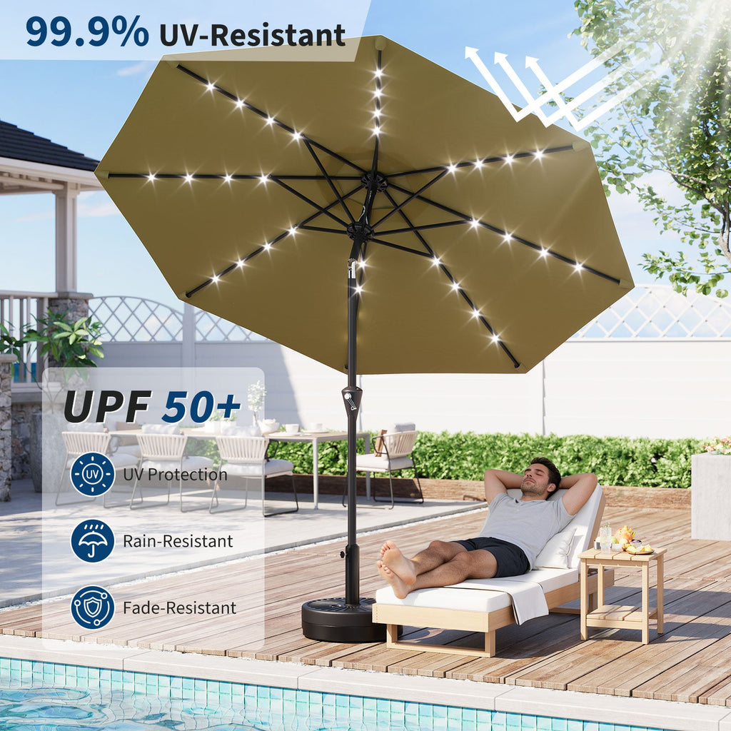 Garvee 9FT Solar LED Patio Umbrella, Waterproof Outdoor Market Table Umbrella with 8 Ribs, Crank Lift, Push Button Tilt, UV Protection for Garden, Pool & Deck, Khaki