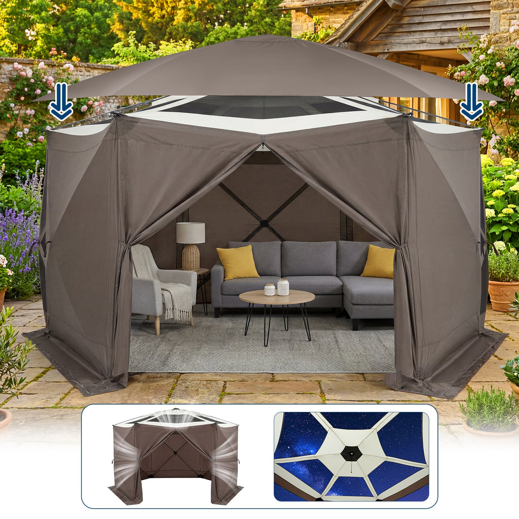Garvee Screened Gazebo Tent for 8–10 People, 13 × 13 FT 6-Sided Mosquito-Proof Canopy with Wind Panels and Carry Bag, Khaki and Beige