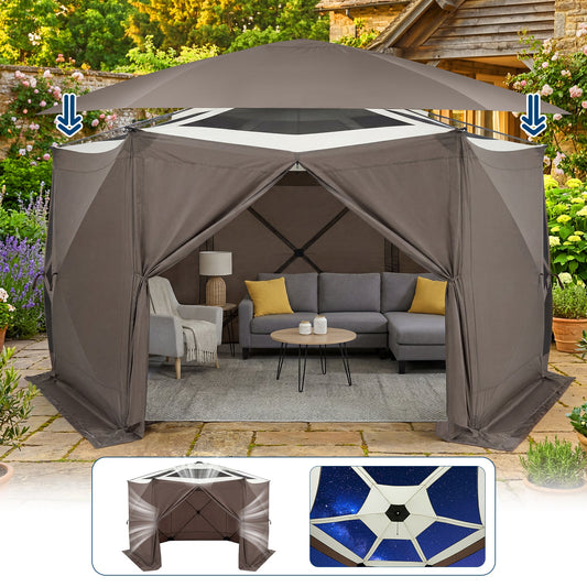 Garvee Screened Gazebo Tent for 8–10 People, 13 × 13 FT 6-Sided Mosquito-Proof Canopy with Wind Panels and Carry Bag, Khaki and Beige