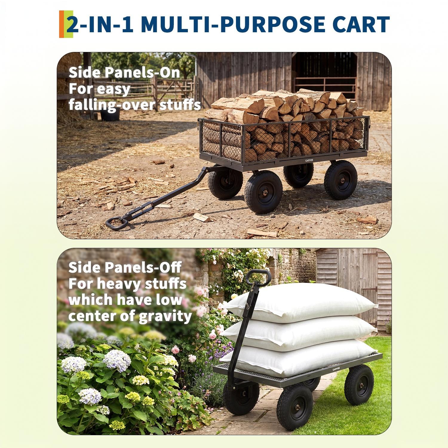 Garvee 1000LBS Heavy Duty Steel Garden Cart Wagon with 13" Pneumatic Tires, Removable Mesh Sides & Rotating Handle, Outdoor Utility Wagon for Garden, Lawn, Yard & Farm, Gray