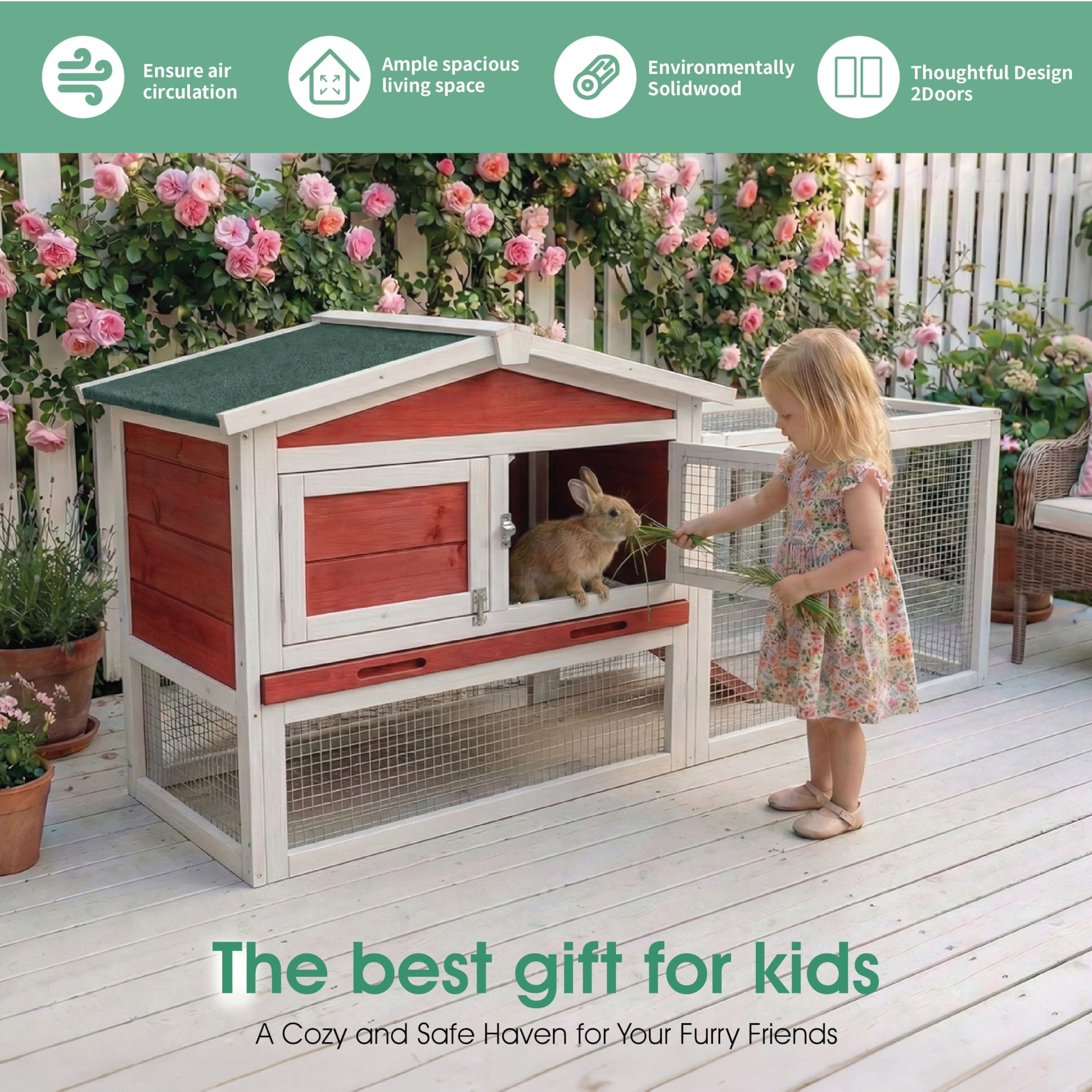 Garvee Large 2-Story Wooden Small Animal Cage for Rabbits, Guinea Pigs & Chickens - Weatherproof Indoor Outdoor Hutch with Anti-Chew Metal Frame, Removable Leak-Proof Tray, Secure Wire Mesh, Rufous White