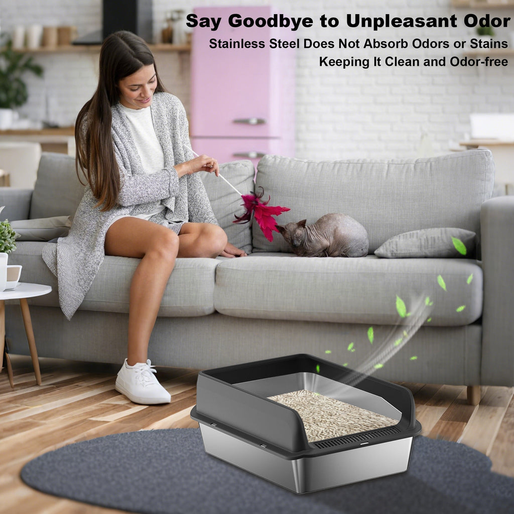 Garvee Stainless Steel Cat Litter Box with Lid, 23.6"x15.8"x9.8" Large Litter Box for Big Cats, Anti Leakage, Odor-Free & Easy Cleaning Metal Litter Pan Include Scoop, Non-Sticky with High Wall Sides-black