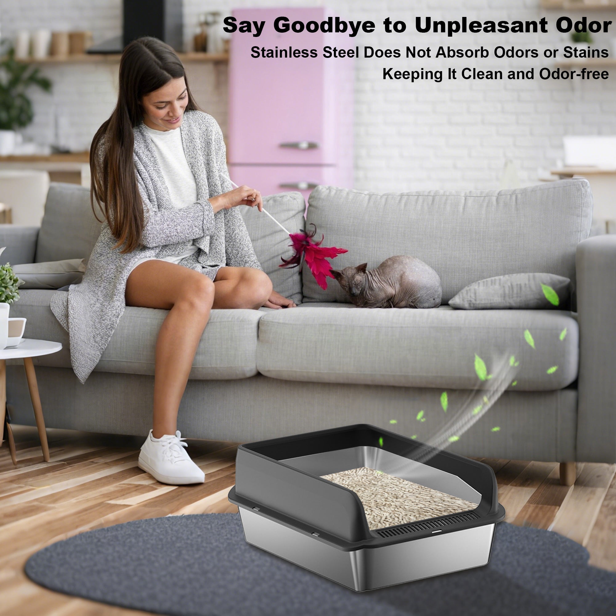 Garvee Stainless Steel Cat Litter Box with Lid, 23.6"x15.8"x9.8" Large Litter Box for Big Cats, Anti Leakage, Odor-Free & Easy Cleaning Metal Litter Pan Include Scoop, Non-Sticky with High Wall Sides-black