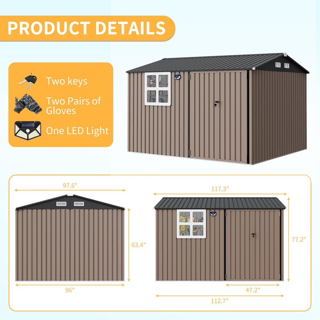 Garvee 8x10 ft Heavy-Duty Metal Storage Shed with Lockable Door & Windows - Galvanized Steel Outdoor Utility Shed with Sloped Roof for Backyard, Garden, Garage, and Patio, Brown