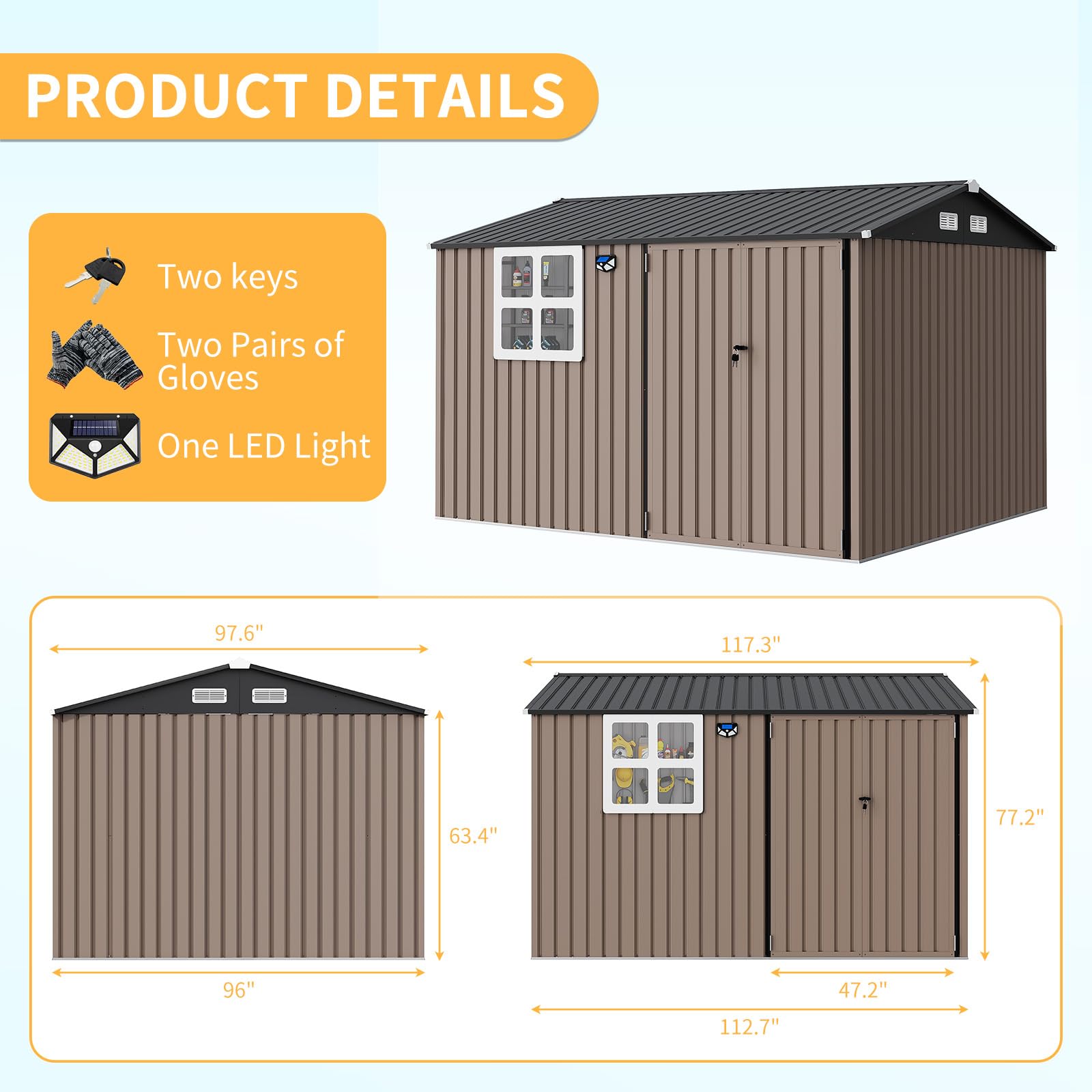 Garvee 8x10 ft Heavy-Duty Metal Storage Shed with Lockable Door & Windows - Galvanized Steel Outdoor Utility Shed with Sloped Roof for Backyard, Garden, Garage, and Patio, Brown