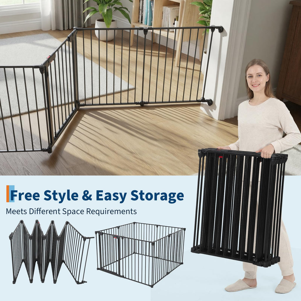 Garvee Adjustable Metal Pet Safety Gate 8-Panels, 29" High Collapsible Playpen with Lockable Door, Portable Indoor/Outdoor Barrier for Stairs, Doorways, RV, Camping, Yard, Garden, Black