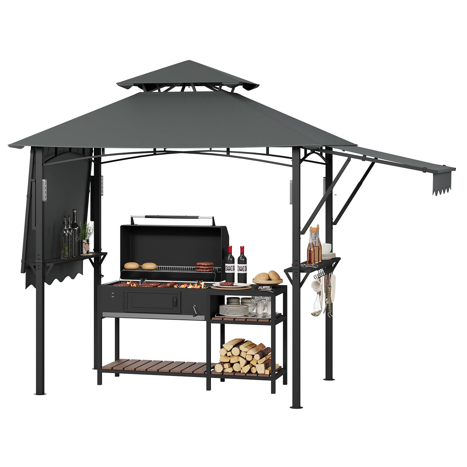 Garvee 8' × 5' Grill Gazebo with Dual Adjustable Awnings, 2-Tier Ventilated Canopy, Steel Frame, 2 Shelves & 7 Hooks, Gray