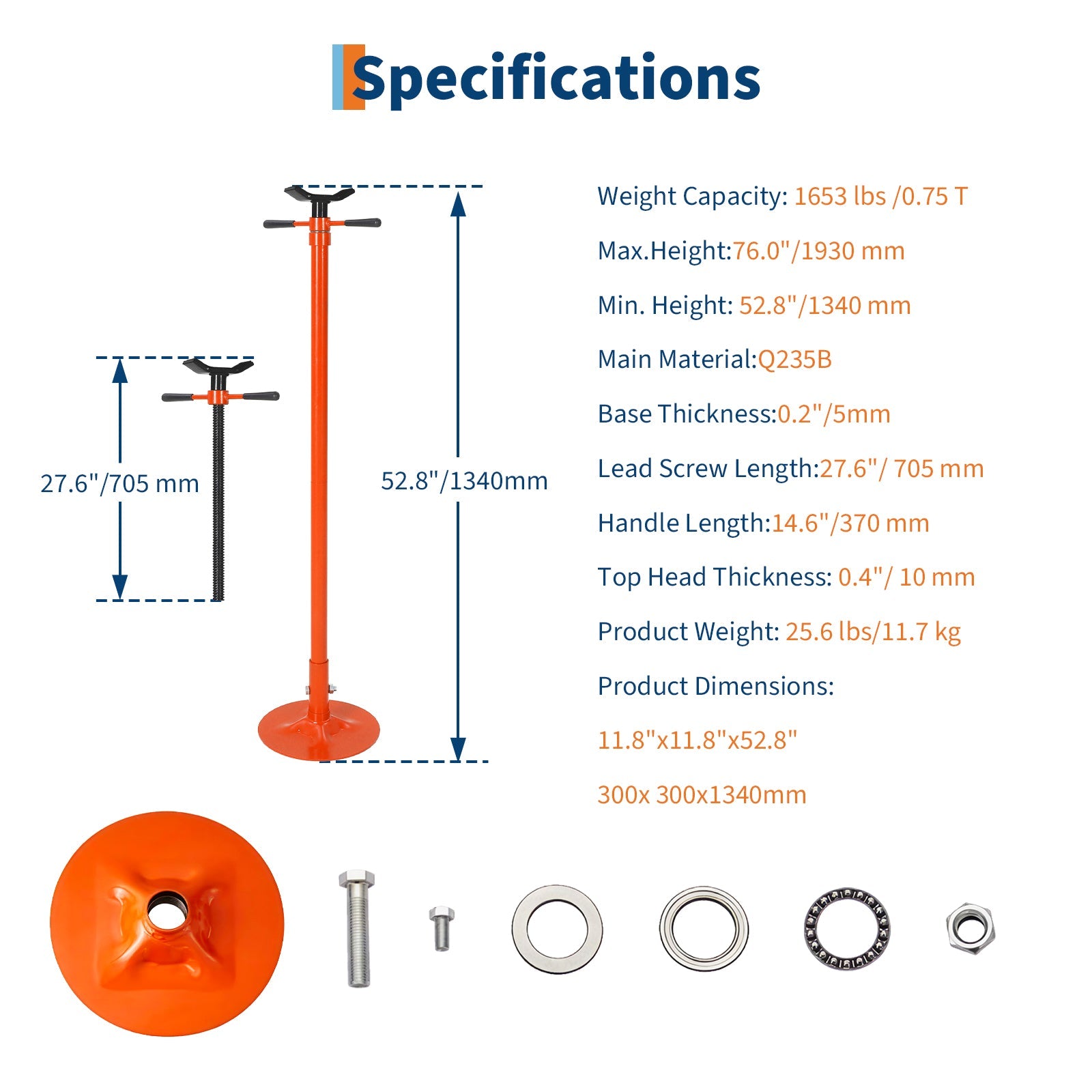 Garvee Adjustable Under Hoist Support Stand – 3/4 Ton (1653 lbs) Capacity – Heavy Duty Screw Jack – 52-76 Inch Height Range – For Vehicle Lifting & Maintenance – Round Bottom (1340-1930mm), Orange
