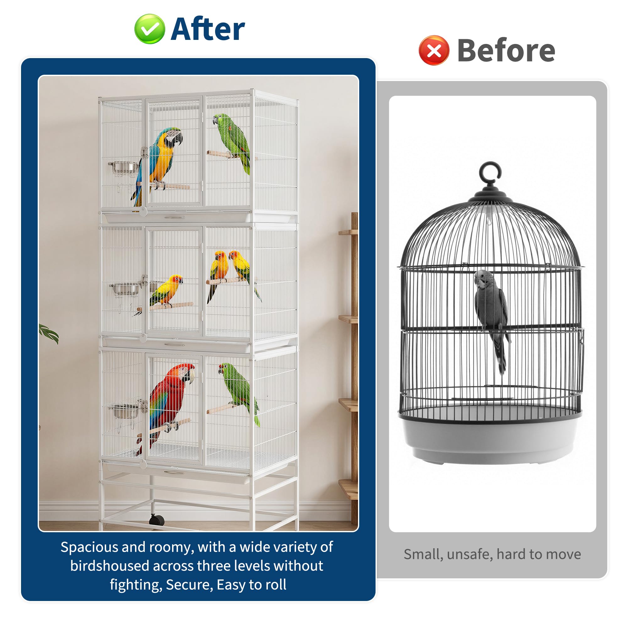 Garvee Heavy Duty Large Bird Cage - 74 Inch Stackable Aviary with 3 Dividable Compartments, Removable Trays, Spacious Flight Enclosure for Parakeets, Cockatiels, Conures, Finches, Easy Clean - White
