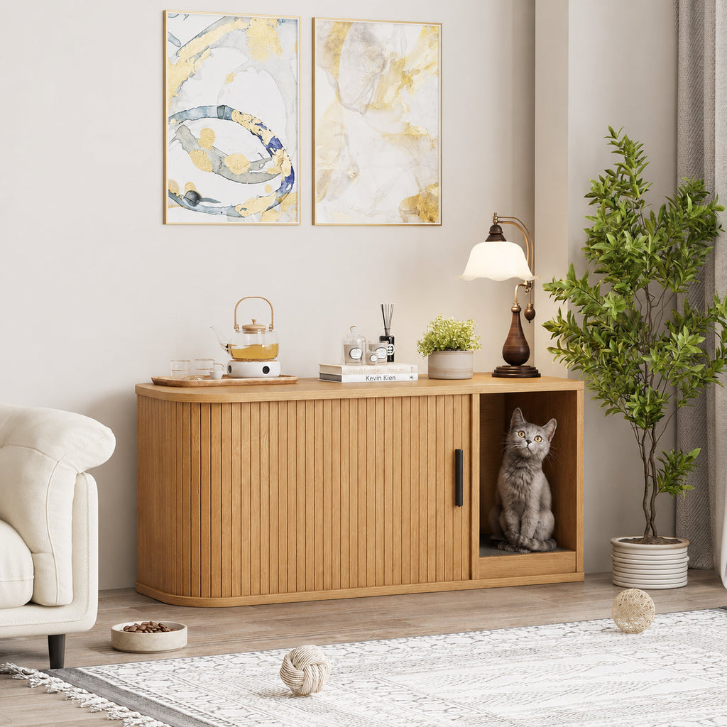 Garvee Modern Cat Litter Box Enclosure, Odor-Control Hidden Cat Washroom Furniture for Living Room, Bedroom, Natural
