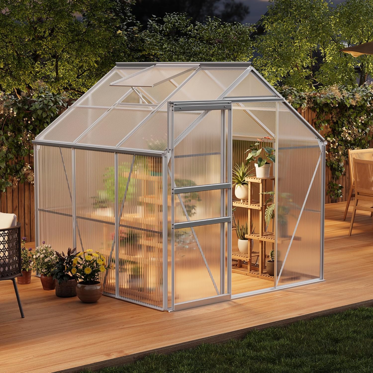 Garvee 6x6 FT Polycarbonate Greenhouse Kit for Outdoors – Durable Aluminum Frame, Lockable Sliding Door, Adjustable Roof Vent, Gutter System, Easy Setup, Ideal for Patio, Backyard, Garden – Original Color