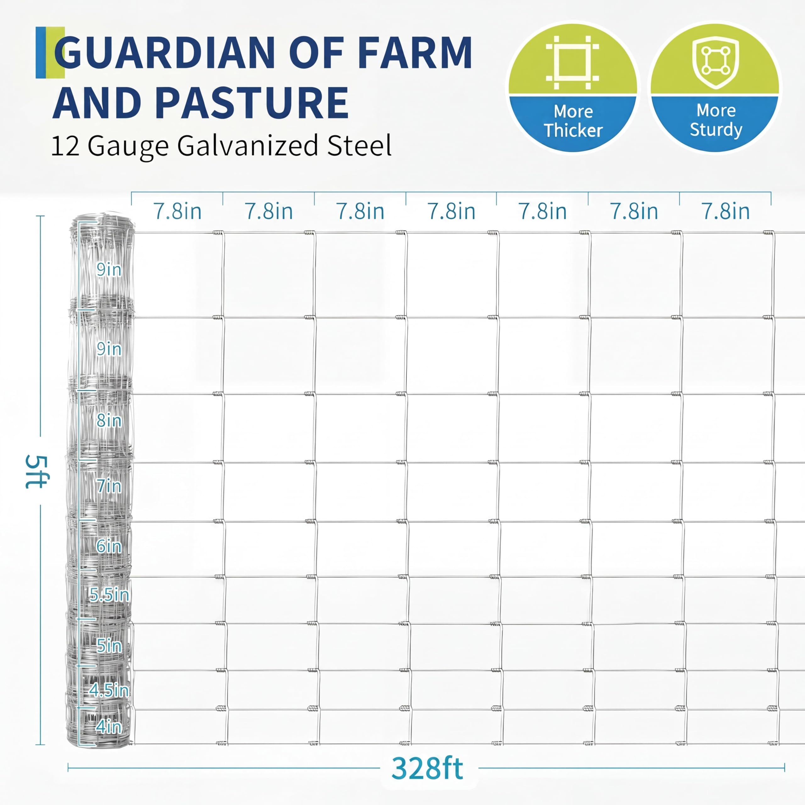Garvee Cattle Farm Fence 5Ft x 328Ft, 12 Gauge Heavy Galvanized Steel Wire Fencing Outdoor for Livestock Control/Pet Supplies/Farmer/Agriculture/Pasture/Cross Fencing/Horse/Goat/Deer/Pig/Sheep/Garden