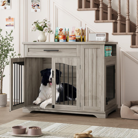 Garvee Wooden Dog Crate Furniture with Feeding Bowls & Storage, Heavy Duty Indoor Dog Kennel End Table, Decorative Furniture Dog Crate for Small Medium Large Dogs, Gray