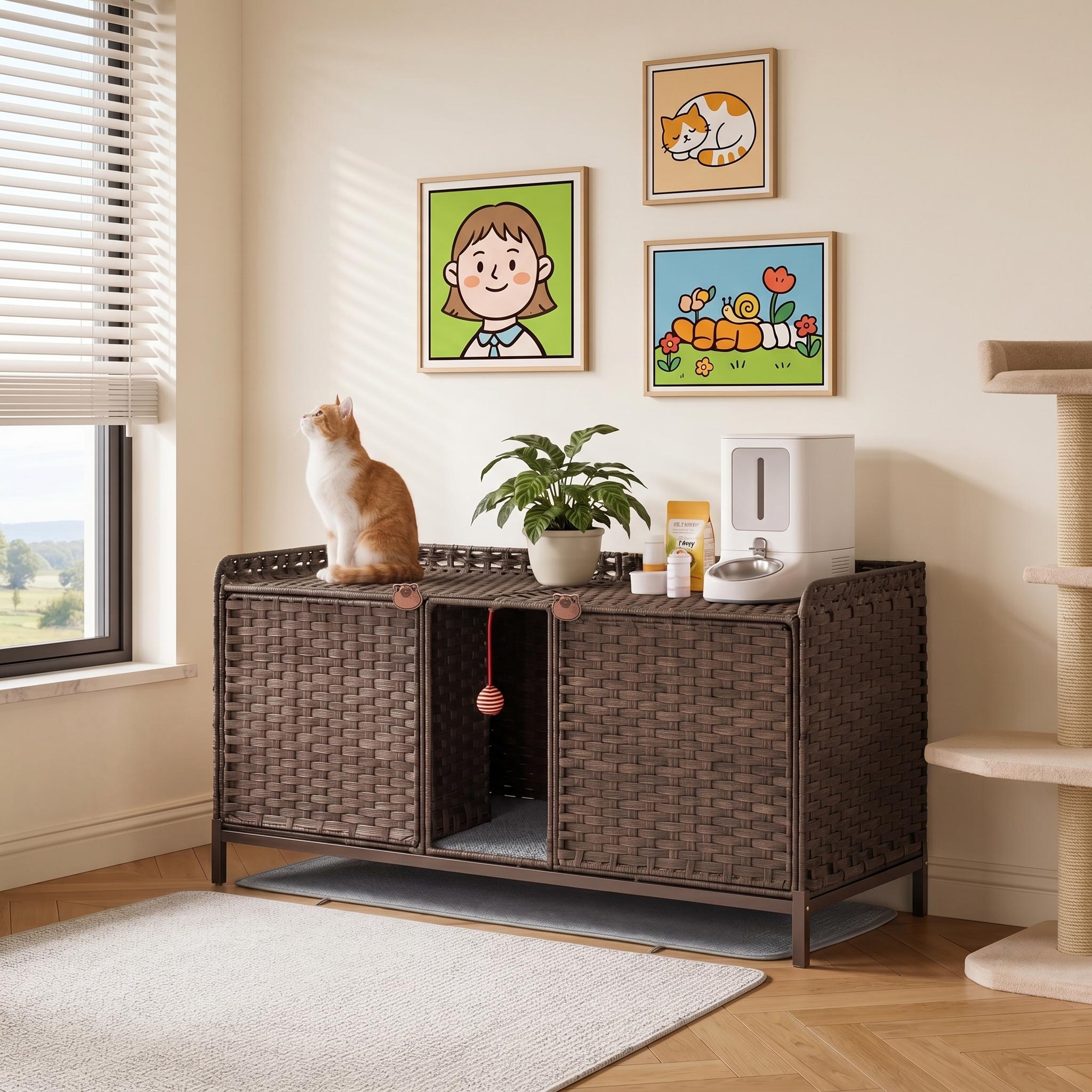 Garvee Handwoven Rattan Cat Litter Box Enclosure - Hidden Cat Washroom Cabinet with Door, Mat & S-Shaped Hooks - Spacious Stylish Cat Furniture for Living Room or Bedroom - Brown