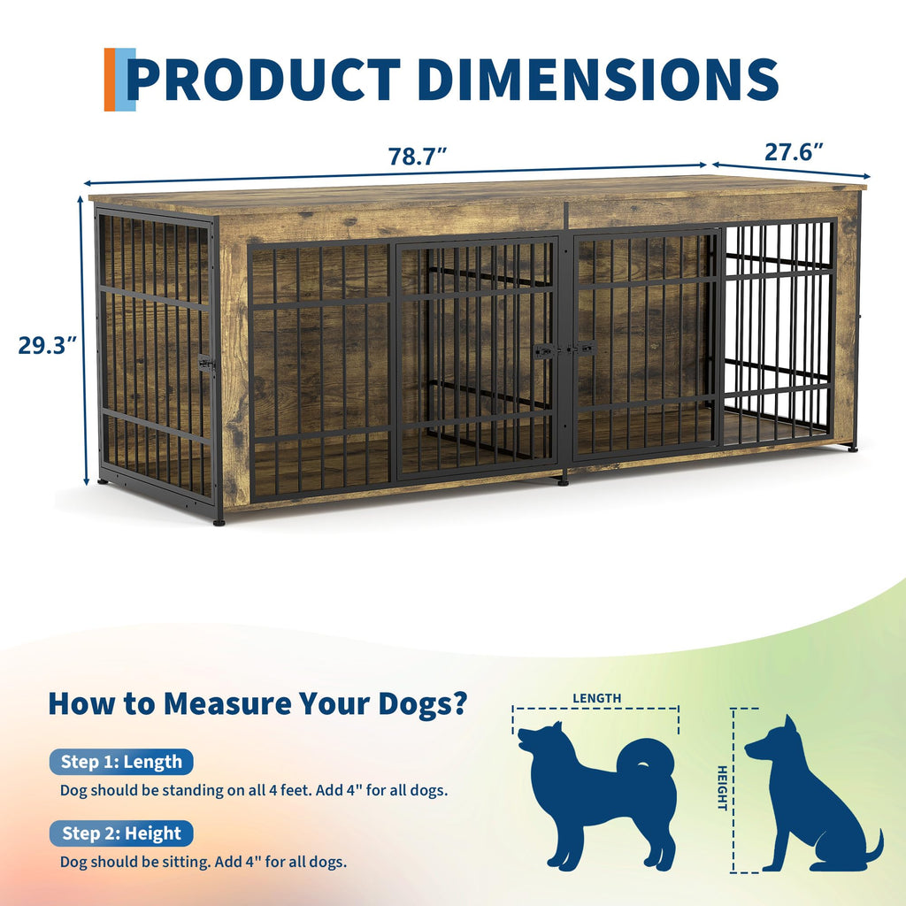 Garvee Heavy Duty Wooden Dog House Furniture – Large Kennel with Divider, 4 Doors, Storage, End Table Design, Adjustable Feet, Vintage Brown, 6.6ft
