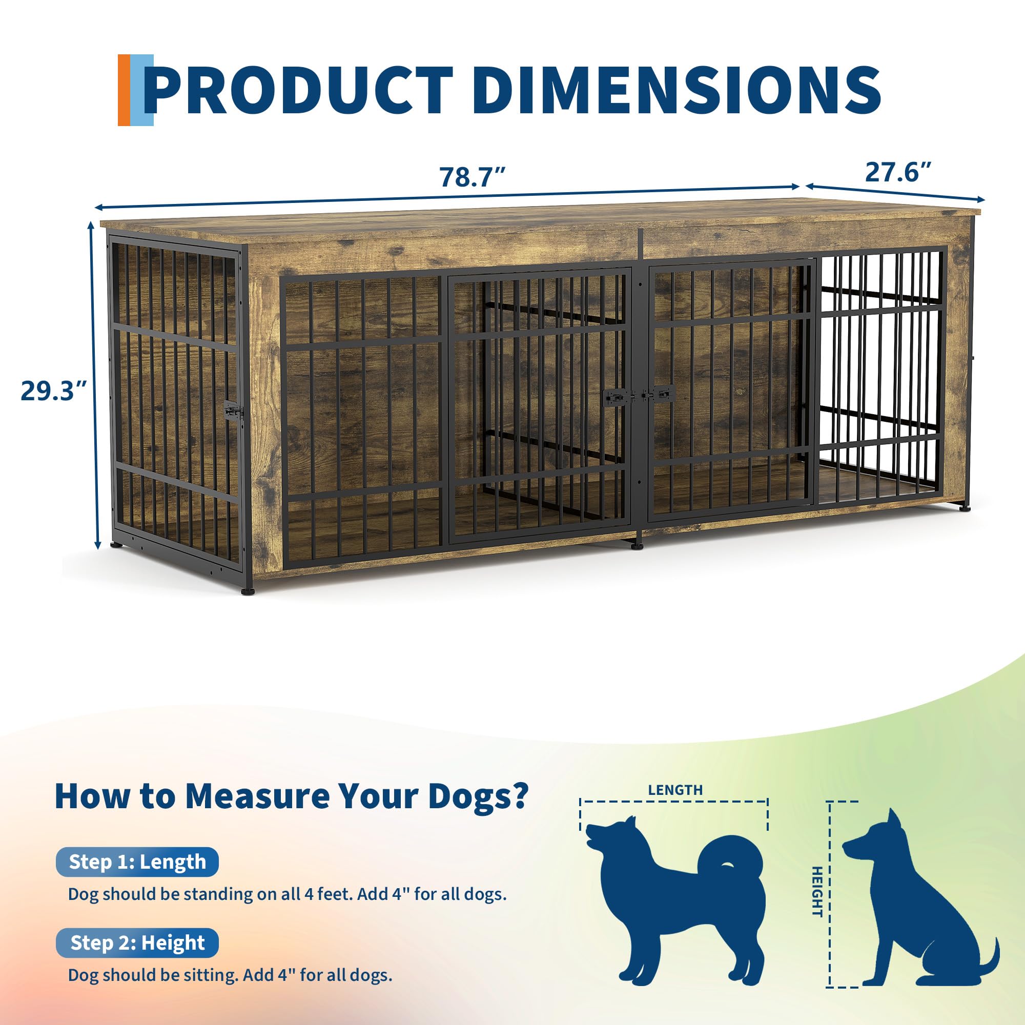 Garvee Heavy Duty Wooden Dog House Furniture – Large Kennel with Divider, 4 Doors, Storage, End Table Design, Adjustable Feet, Vintage Brown, 6.6ft