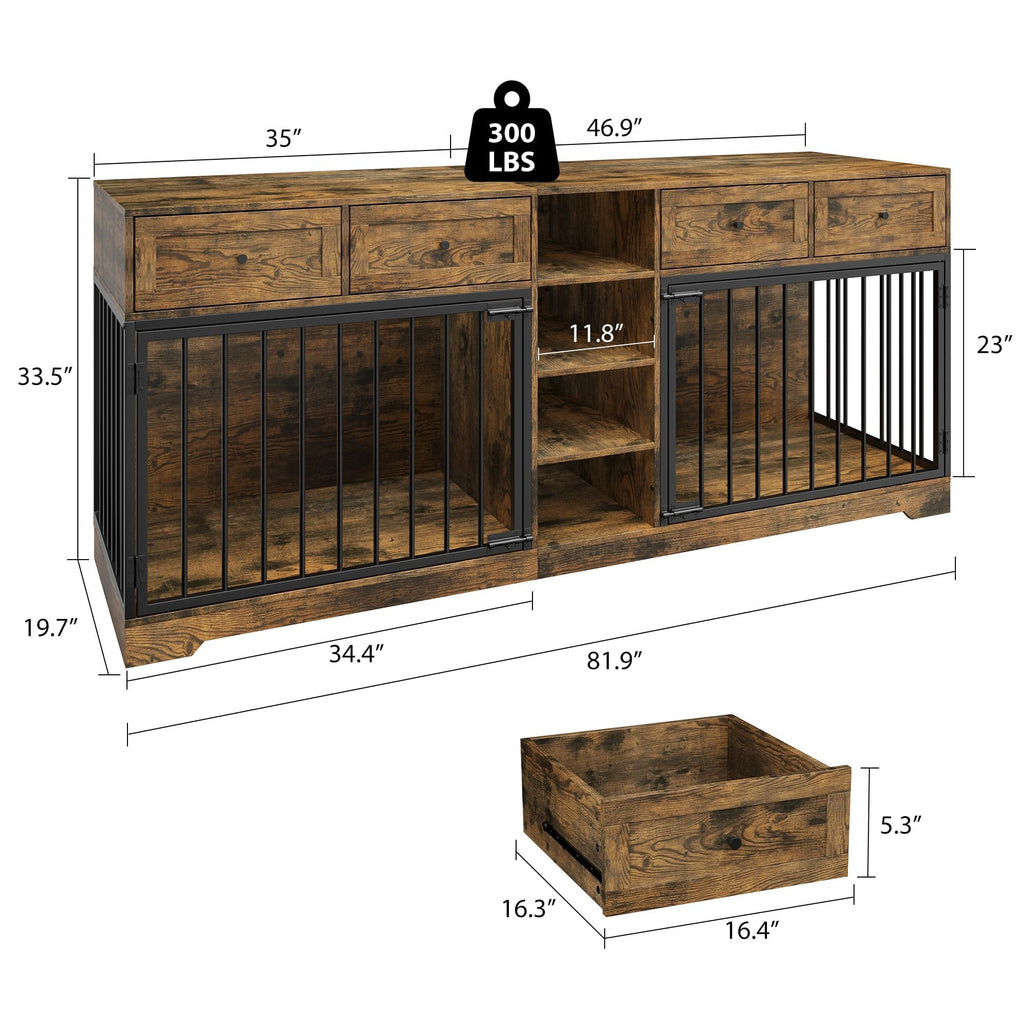Garvee 82" Large Dog Crate for 2 Dogs, Dog Kennel Indoor with 4 Drawers and Shelves, Heavy Duty Double Dog Crate Furniture TV Stand, Wooden Dog Cage for Medium Large Dogs, Brown