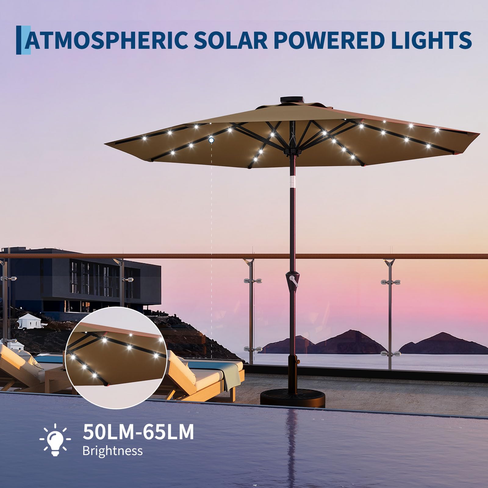 Garvee 10 ft Solar Patio Umbrella with 32 LED Lights, Outdoor Market Umbrella with Crank Lift & Tilt, UV-Resistant Canopy for Pool, Garden & Backyard, Tan