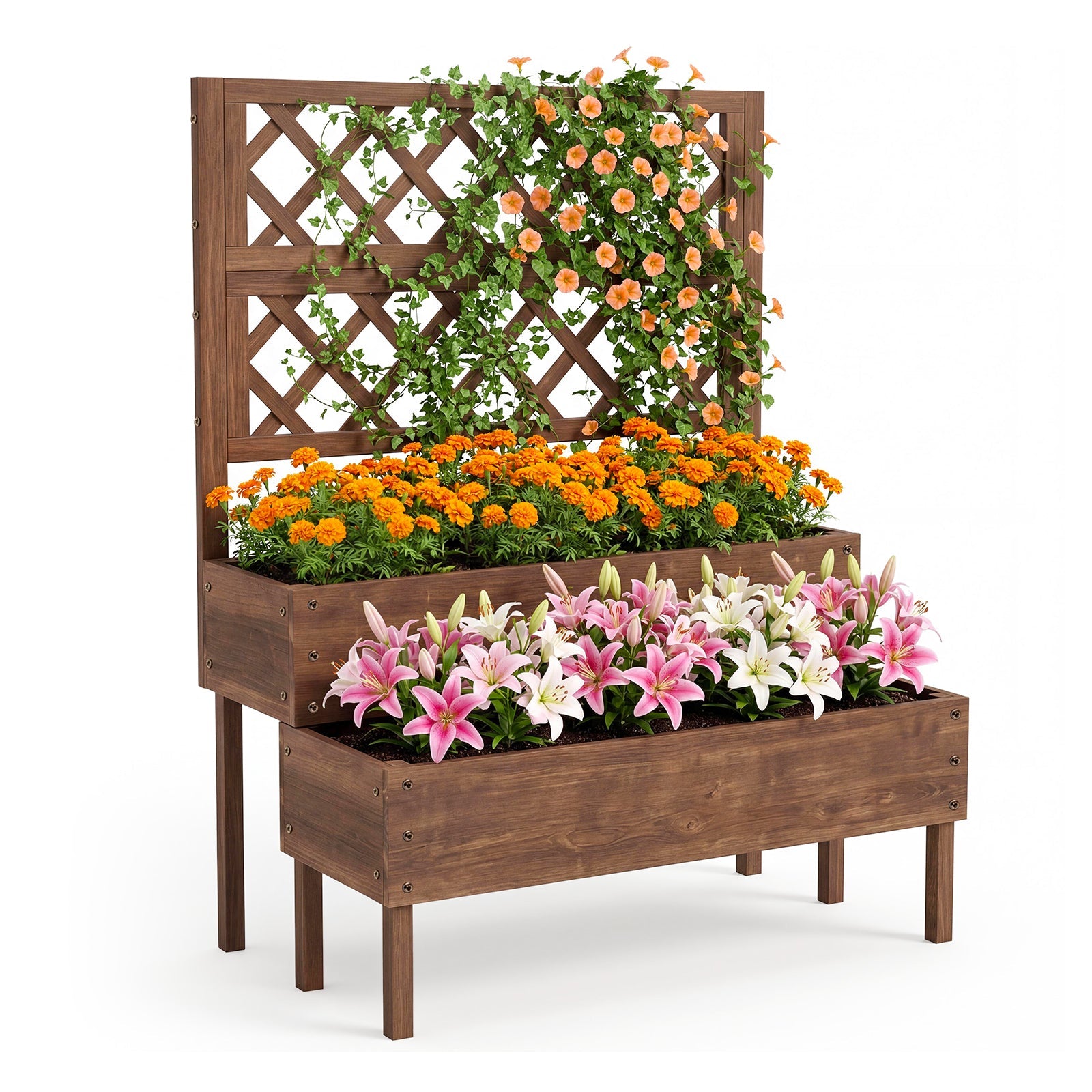 Garvee 2-Tier Wooden Raised Garden Bed with Trellis & Legs, 42" x 22" x 53" Elevated Planter Box with Drainage Holes for Climbing Plants, Vegetables, Herbs & Flowers, Brown