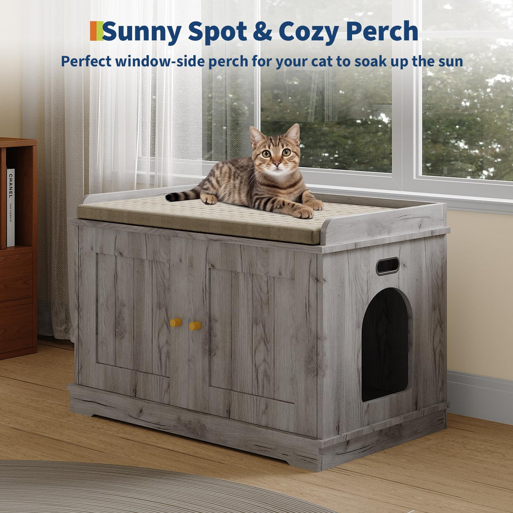 Garvee 31.5" Cat Litter Box Enclosure Furniture with Barn Door & Display Shelf, Wooden Hidden Litter Box Cover, Dog-Proof Design for Multiple Cats, Smooth Surface & Quick Clean-Up, Gray
