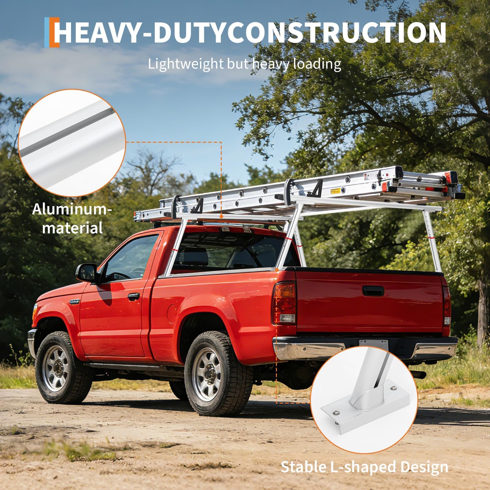 Garvee Truck Rack, 35.4-71in Adjustable Width Ladder Rack for Truck, Aluminum 800 Lbs Capacity, Heavy Duty Truck Bed Rack, Stable Drilling Cargo Support System for Kayak, Surfboard, Lumber, Silver