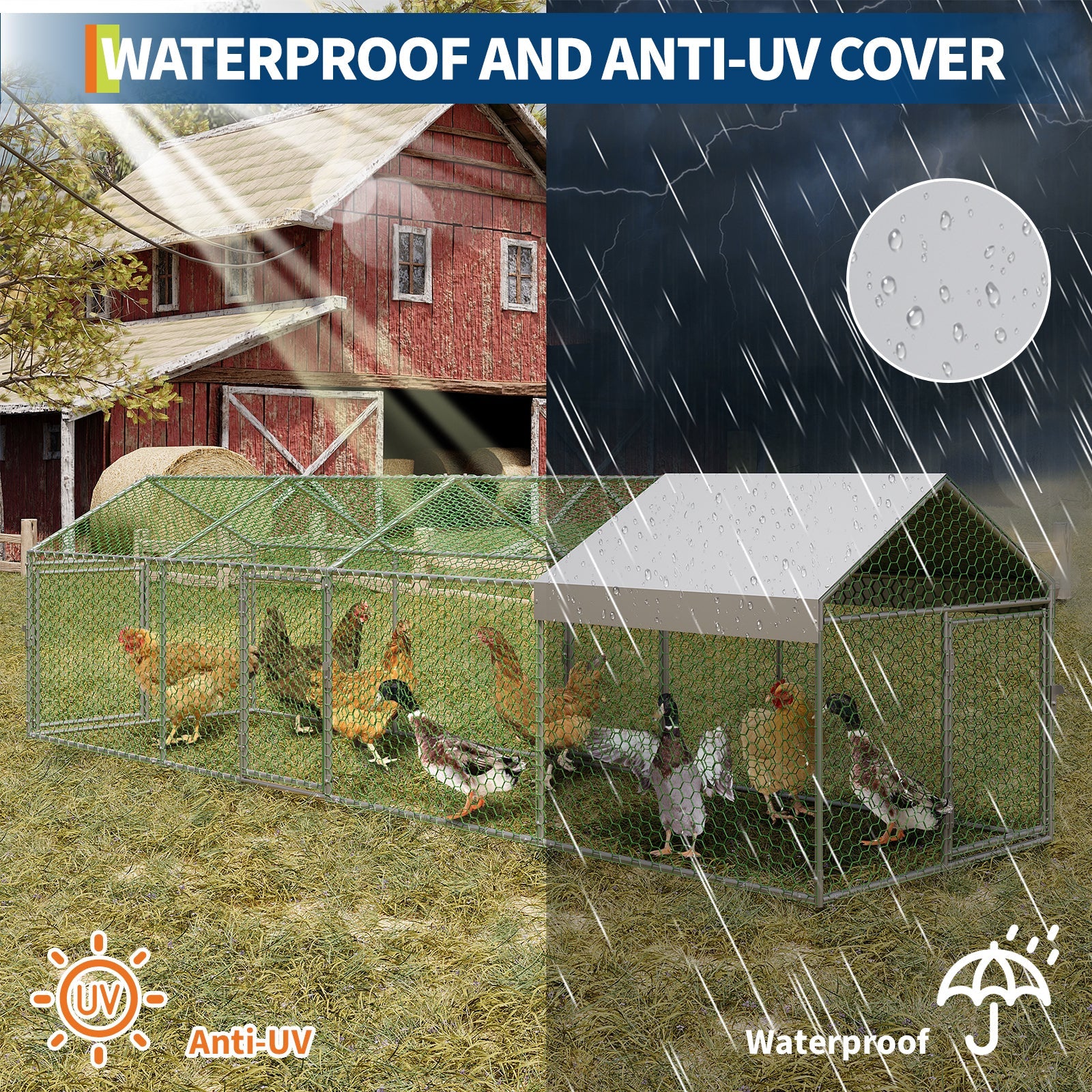 Garvee Large Metal Chicken Coop, Chicken Runs for Yard with Waterproof and Anti-UV Cover, Portable chicken coop for Outdoor Chicken Rabbit Duck, Silver, 160"×40"×40"