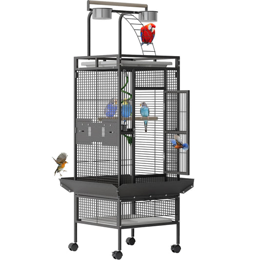 Garvee 60 Inch Wrought Iron Large Bird Flight Cage with Rolling Stand, Play Top & 4 Stainless Steel Bowls, Flight Parrot Cage for African Grey, Cockatiel, Conure, Parakeet, Budgie, Lovebird, Black