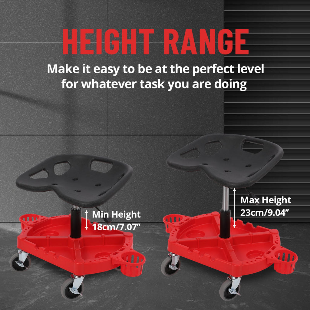 Garvee Heavy-Duty Adjustable Rolling Mechanic Stool, 300 lbs Capacity, 360° Swivel Wheels, Ergonomic Padded Seat with Short Backrest, Large Tool Tray, Water Bottle Holder, and Lifting Ring, Red