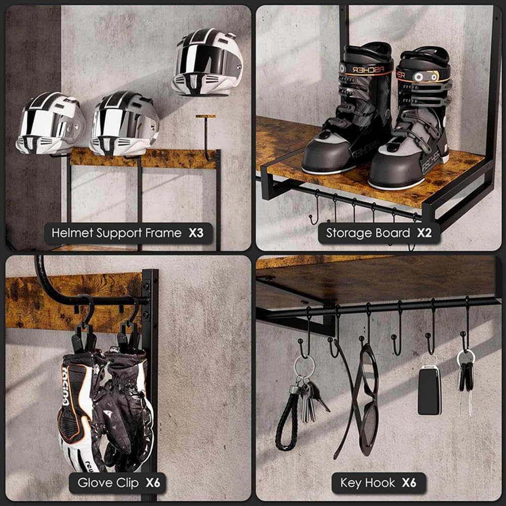 Garvee Superior Oak & Steel Motorcycle Helmet Wall Mount – Space-Saving Rack for Helmet, Jacket & Gear Storage – Durable, Eco-Friendly Construction – Garage, Entryway, Hallway Display – Large