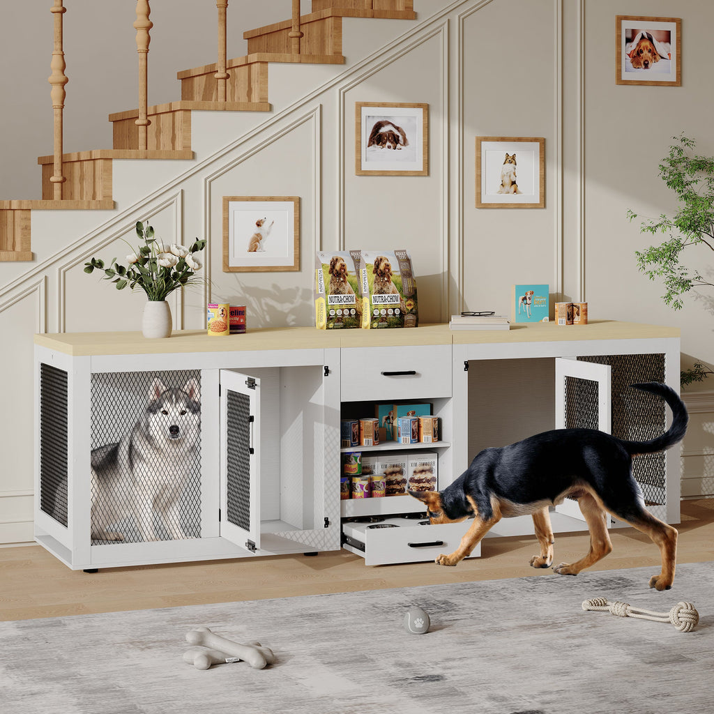 Garvee 90 Inch Large Dog Crate Furniture, Double Dog Crate with Feeding Station & Storage, Heavy Duty Dog Kennel Furniture for 2 Dogs