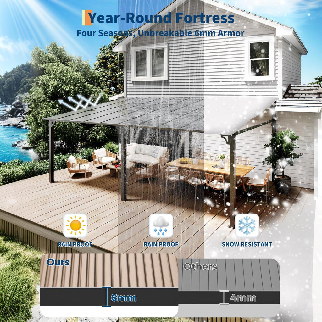 Garvee 12 x 20 ft Wall-Mounted Hardtop Gazebo, Lean-to Pergola with 6 mm UV-Resistant Polycarbonate Roof, Reinforced Aluminum Frame & Steel Columns for Patio, Deck & Backyard