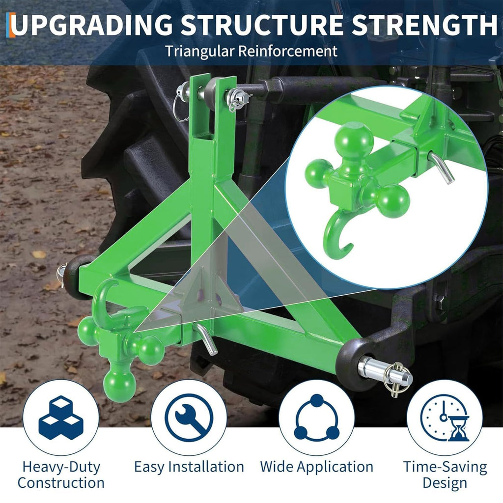 Garvee 3 Point Trailer Hitch 2" Receiver Heavy Duty Cat.1 Towing Ball & Hook Stainless Steel Quick Hitch for Kubota Subcompact Tractor Farm Use