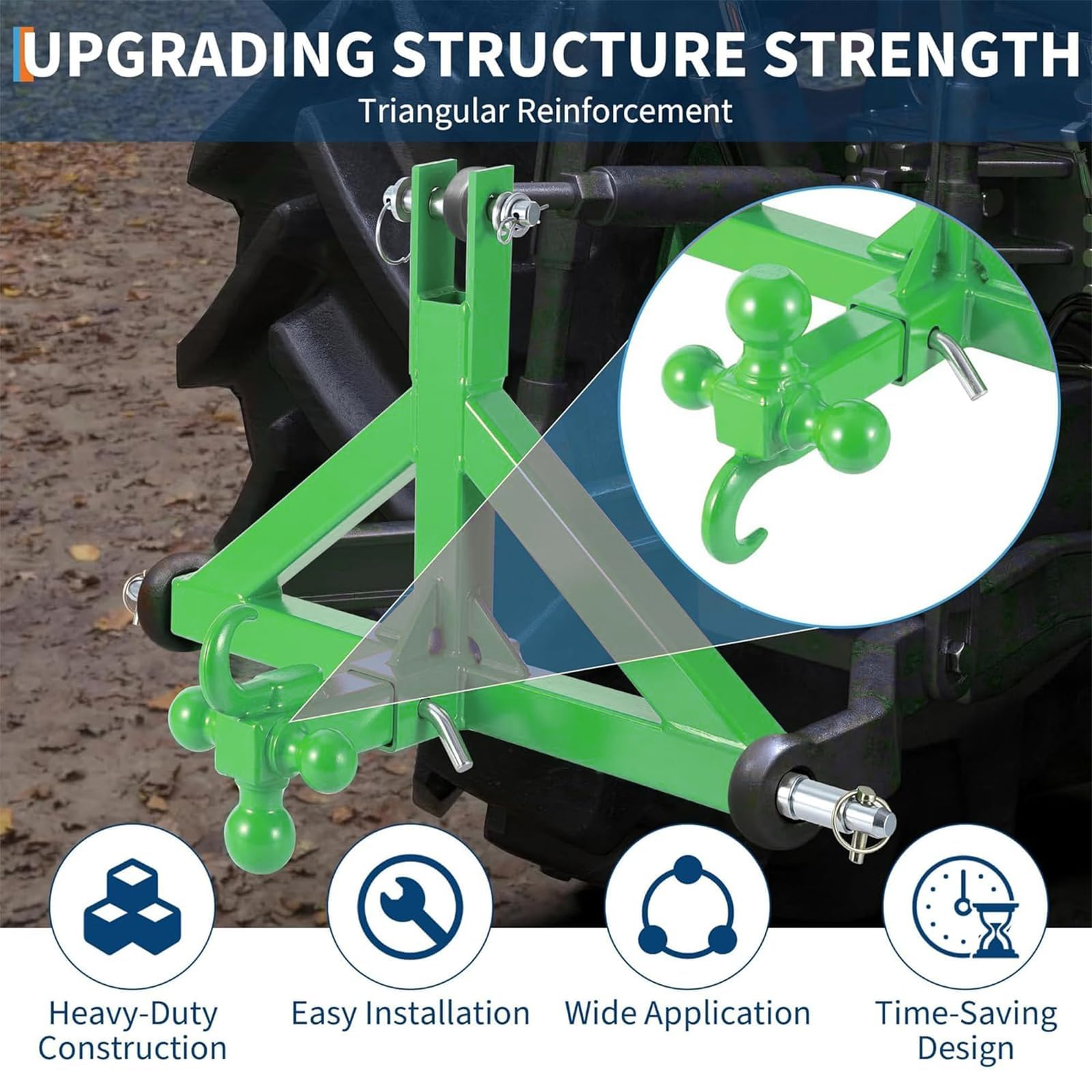Garvee 3 Point Trailer Hitch 2" Receiver Heavy Duty Cat.1 Towing Ball & Hook Stainless Steel Quick Hitch for Kubota Subcompact Tractor Farm Use