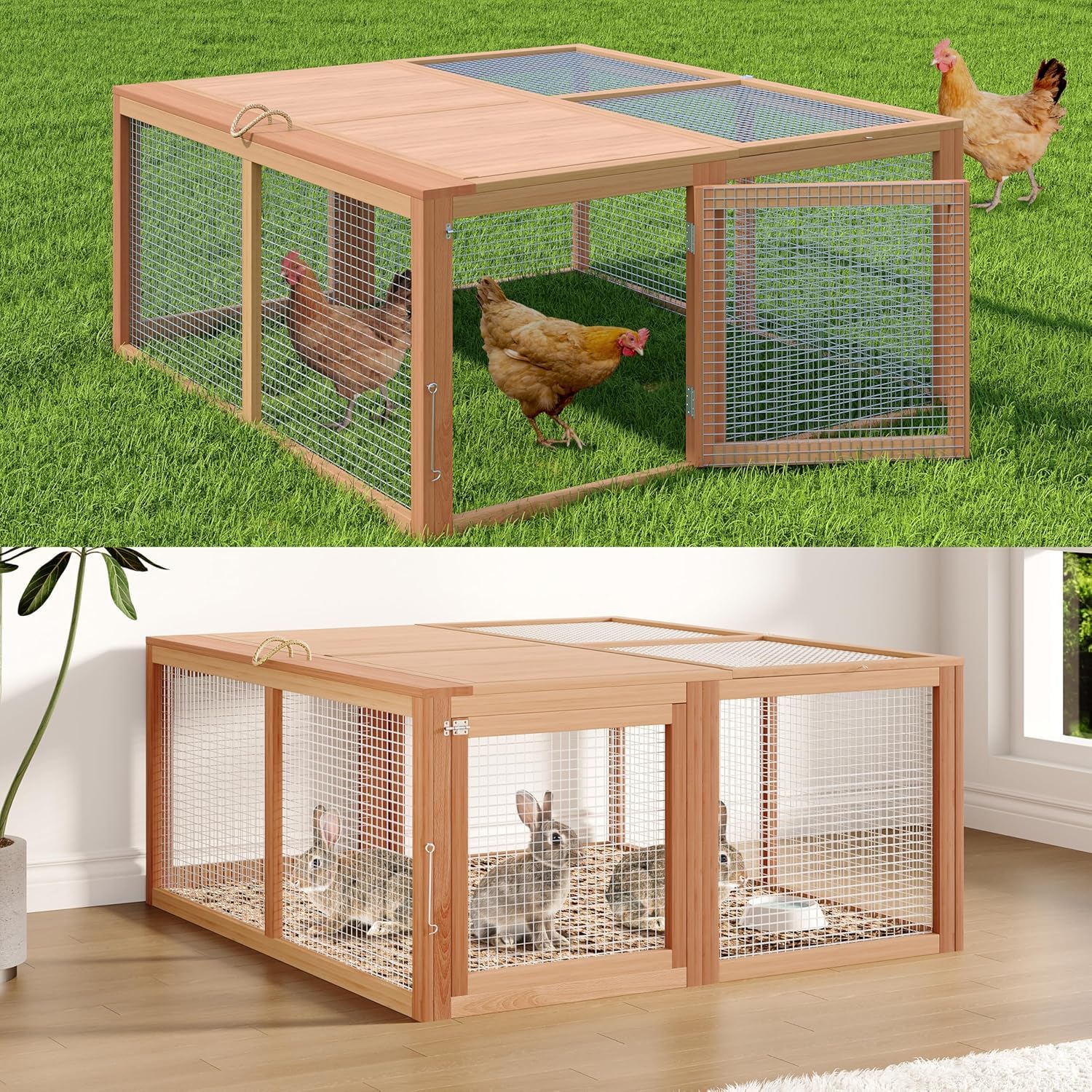 Garvee Portable Folding Wooden Chicken Coop & Rabbit Hutch – No-Assembly Needed, Spacious Small Animal Cage with Top & Side Doors – Secure, Sturdy Playpen for Chickens, Rabbits, Poultry – Dark Oak+Oak (Sturdy Wood Color)
