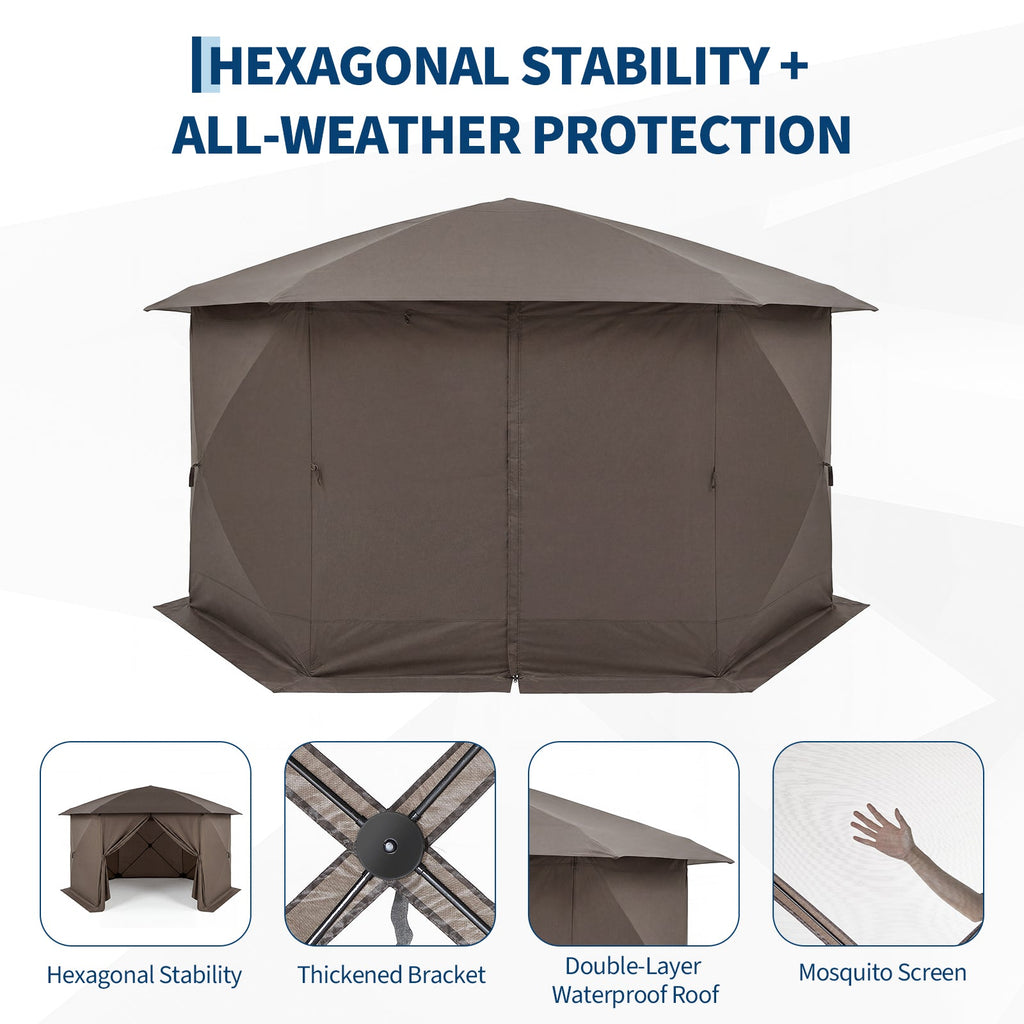 Garvee Screened Gazebo Tent for 8–10 People, 13 × 13 FT 6-Sided Mosquito-Proof Canopy with Wind Panels and Carry Bag, Khaki and Beige