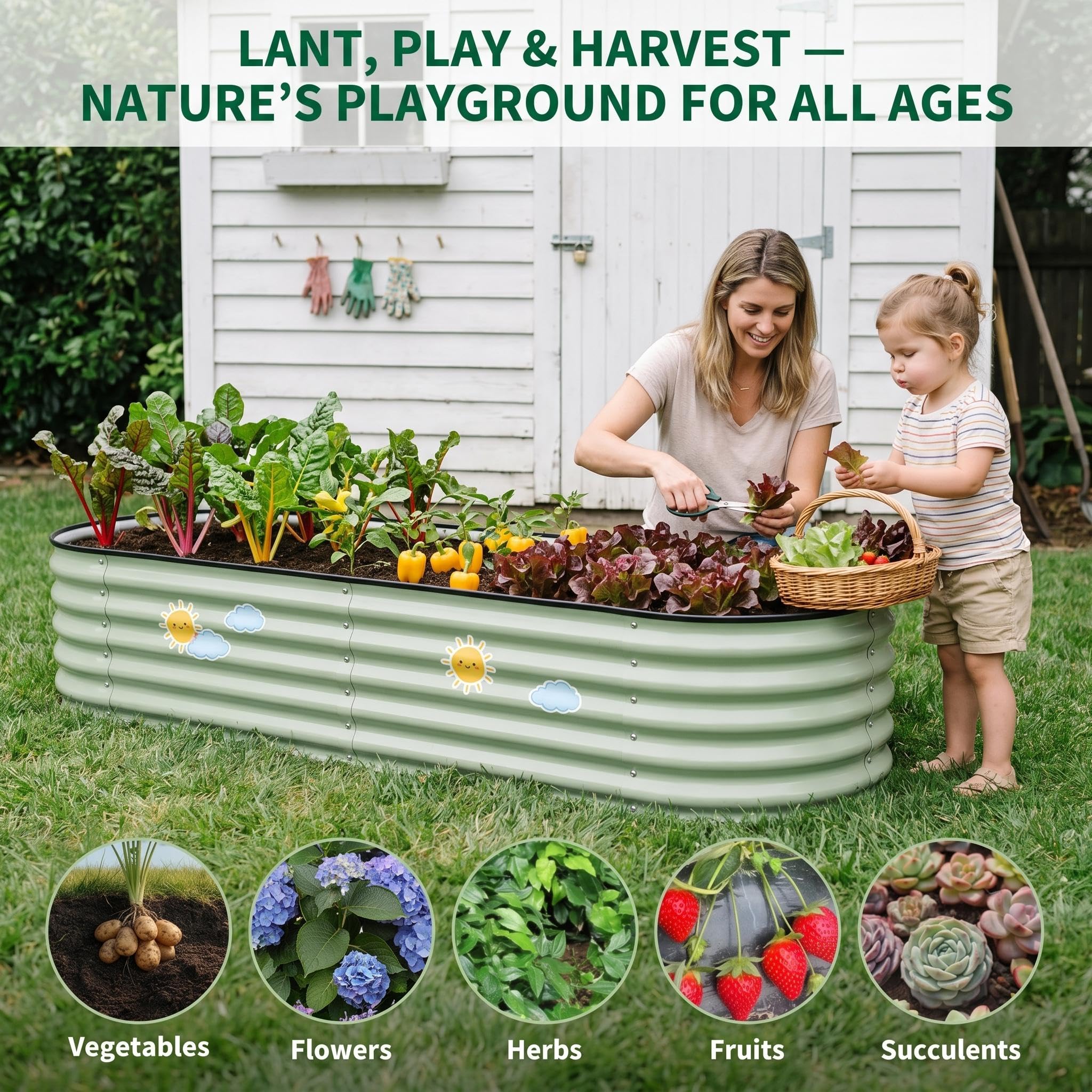 Garvee Galvanized Raised Garden Beds for Vegetables and Flowers, 2-Pack with 3.5 × 3.5 × 1.4 FT and 5 × 2 × 1.4 FT Planters, Olive Green