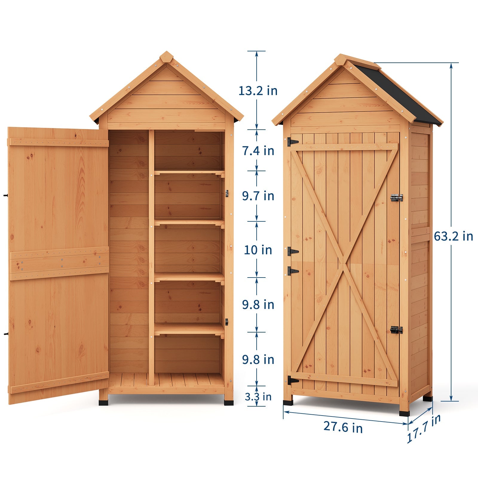 Garvee 63'' Wood Shed Waterproof, Tall Vertical Outdoor Storage Cabinet with 4 Shelves & Lockable Door, Space-Saving Garden Tool Shed for Patio, Yard, Lawn, Garden
