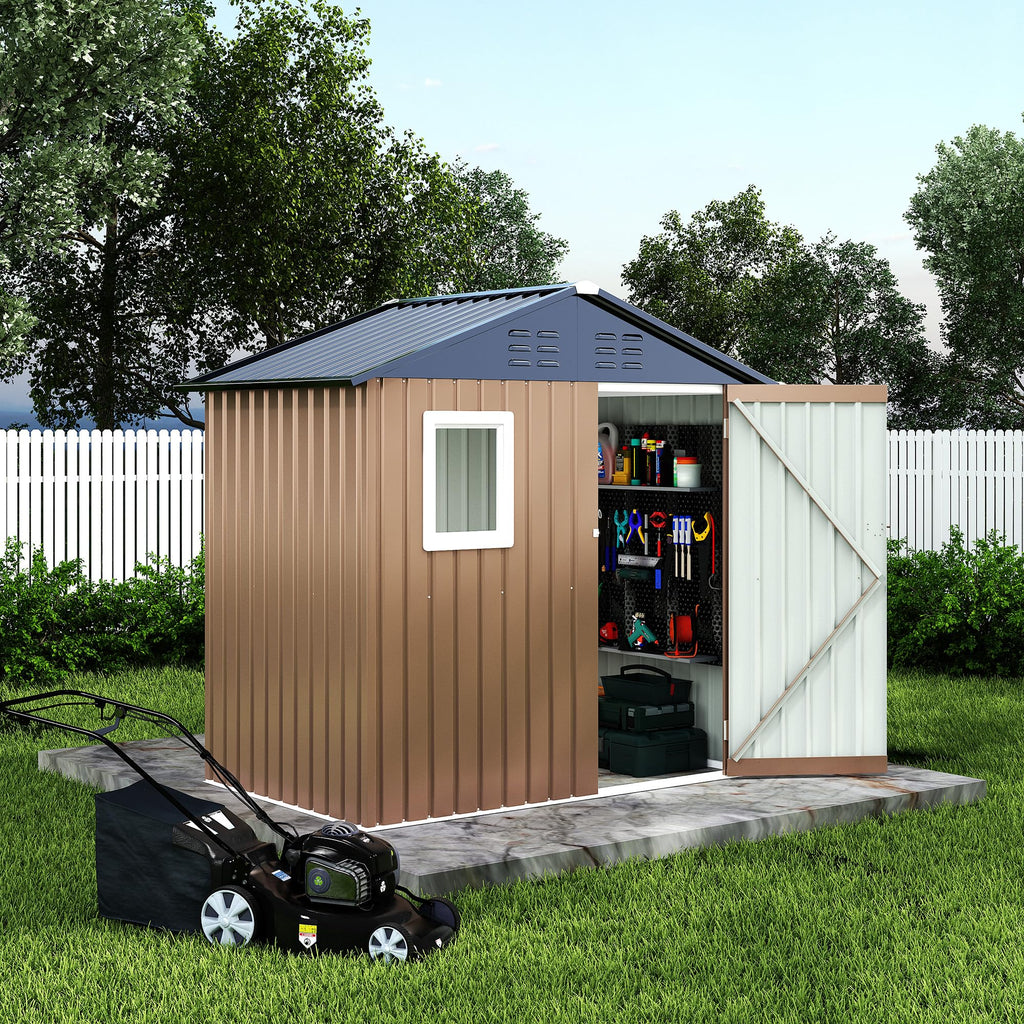 Garvee Outdoor Storage Shed, 6' × 4' Galvanized Steel Tool Shed with Window, Lockable Door, Air Vents, 27.95 Sq. Ft., 55–63 MPH Wind Rating, Brown