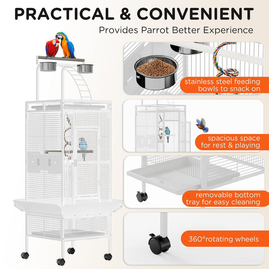 Garvee 60 Inch Wrought Iron Bird Cage with Play Top & Rolling Stand - 4 Stainless Steel Bowls, Secure Lock, Easy-Clean Tray - Spacious Metal Parrot Cage for African Grey, Cockatiel, Conure, Budgie, Lovebird - White