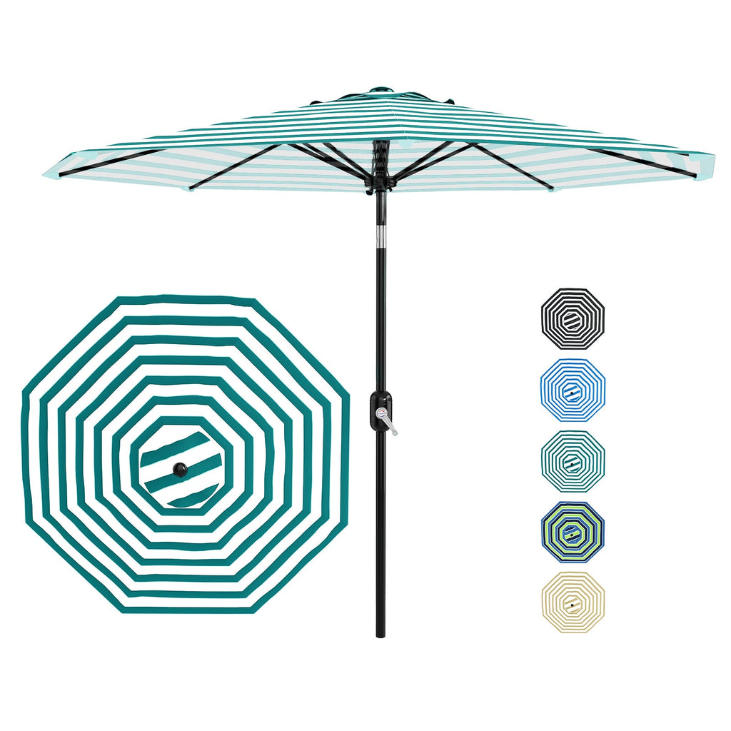 Garvee 9 ft Outdoor Patio Umbrella with Crank Lift, Push-Button Tilt, UV-Resistant Waterproof Canopy for Pool, Deck & Yard, Turquoise & White Stripes