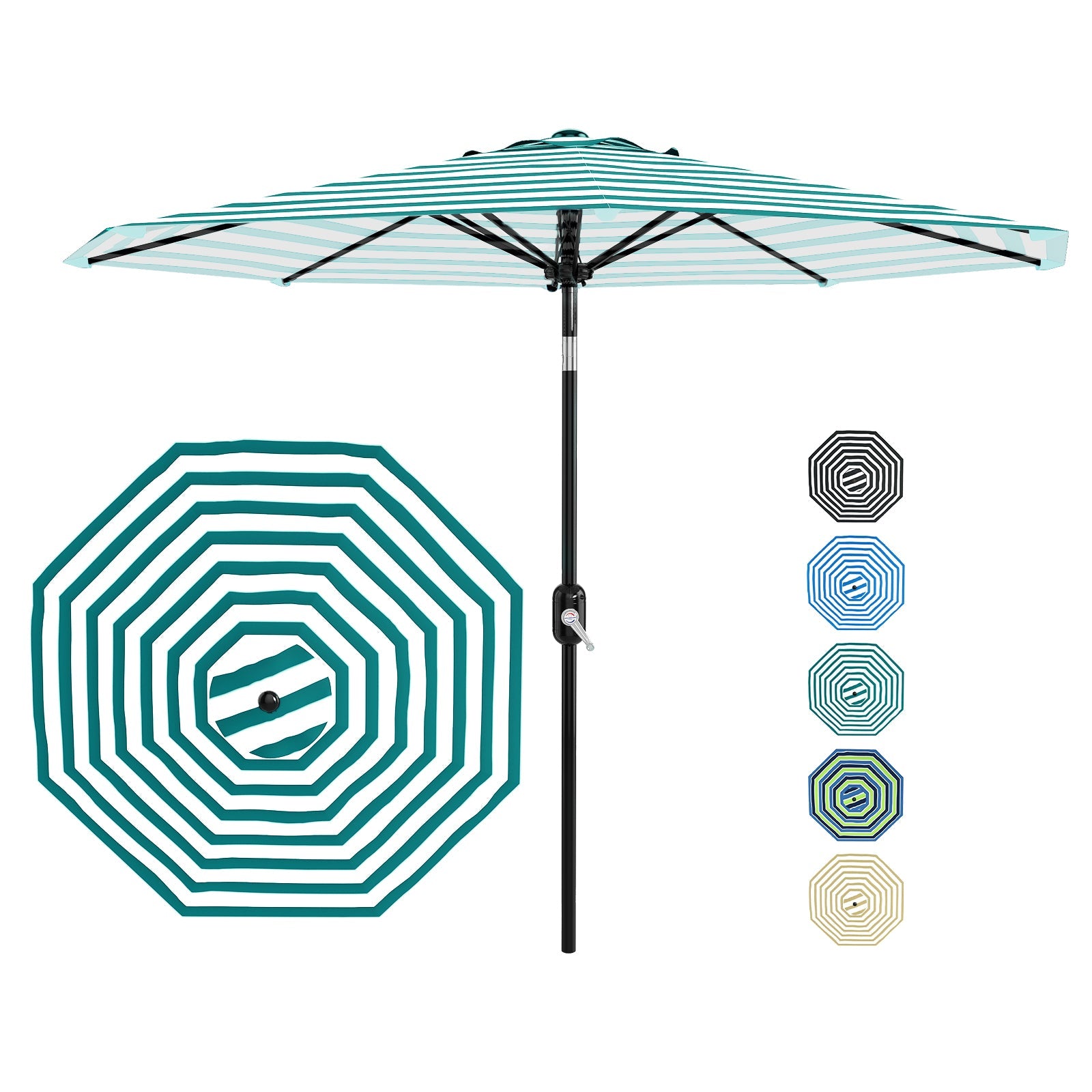 Garvee 9 ft Outdoor Patio Umbrella with Crank Lift, Push-Button Tilt, UV-Resistant Waterproof Canopy for Pool, Deck & Yard, Turquoise & White Stripes