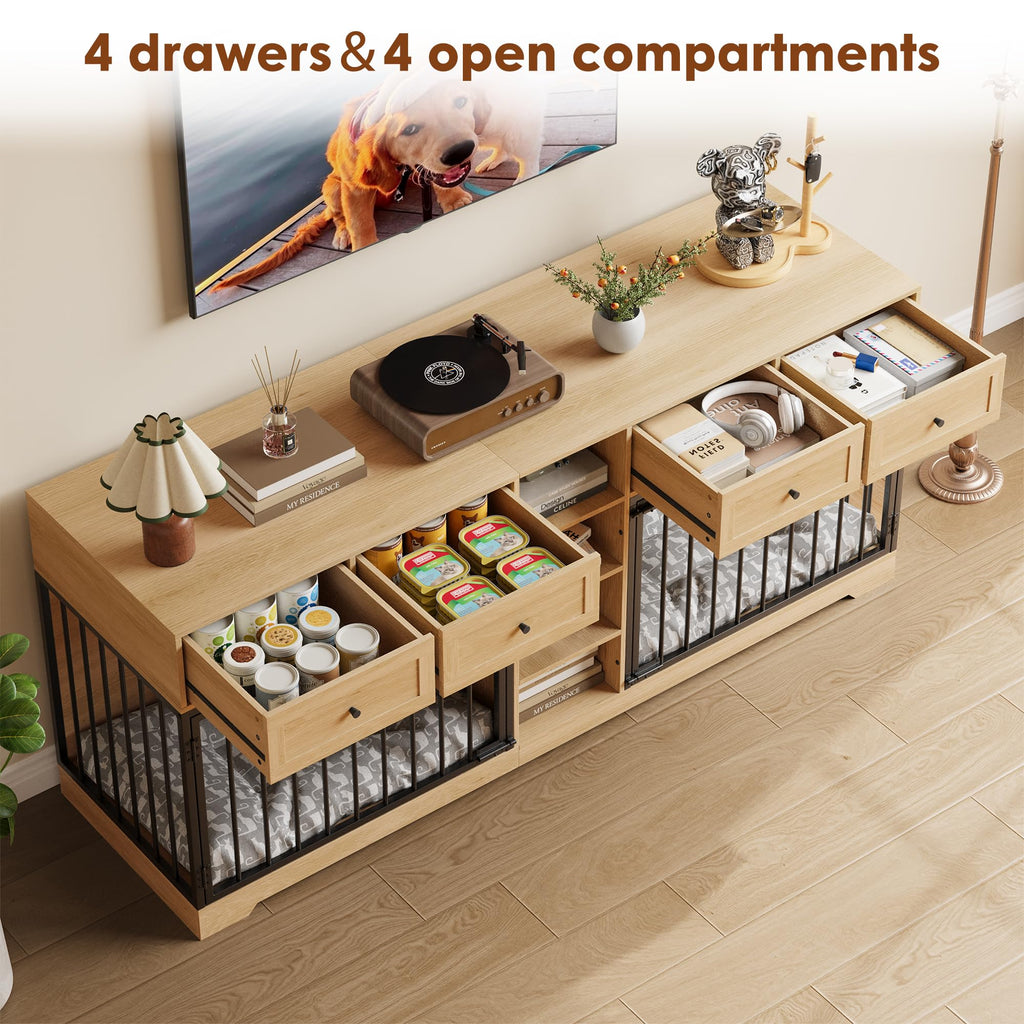 Garvee 82” Large Dog Crate for 2 Dogs, Dog Kennel Indoor with 4 Drawers and Shelves, Double Dog Crate Furniture TV Stand, Wooden Dog Cage for Medium Large Dogs, Natural