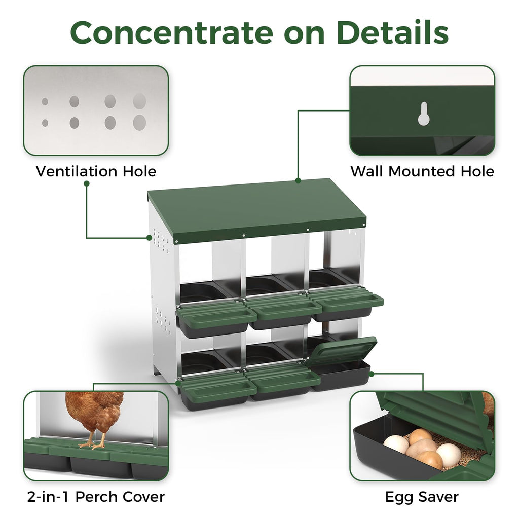 Garvee 6-Hole Chicken Nesting Box Metal Coop with Roll Away Design & Ventilation Holes Galvanized Steel Removable Lid Green for Backyard & Small Farms