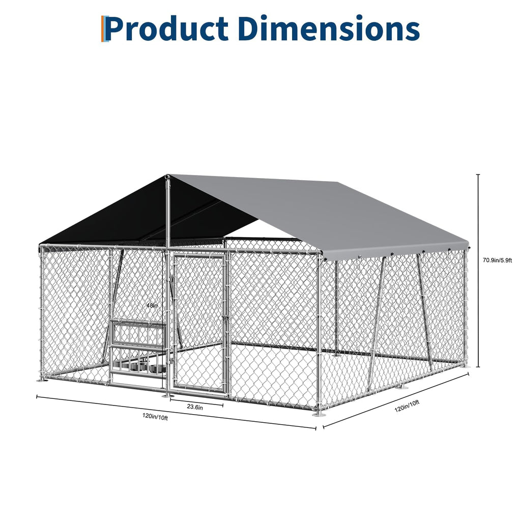 Garvee Heavy Duty Large Outdoor Dog Kennel, Galvanized Metal Wire Dog Cage with Waterproof UV-Resistant Roof, Lockable Door, 360° Rotating Feeder for Backyard Farm, 10×10×5.9 ft