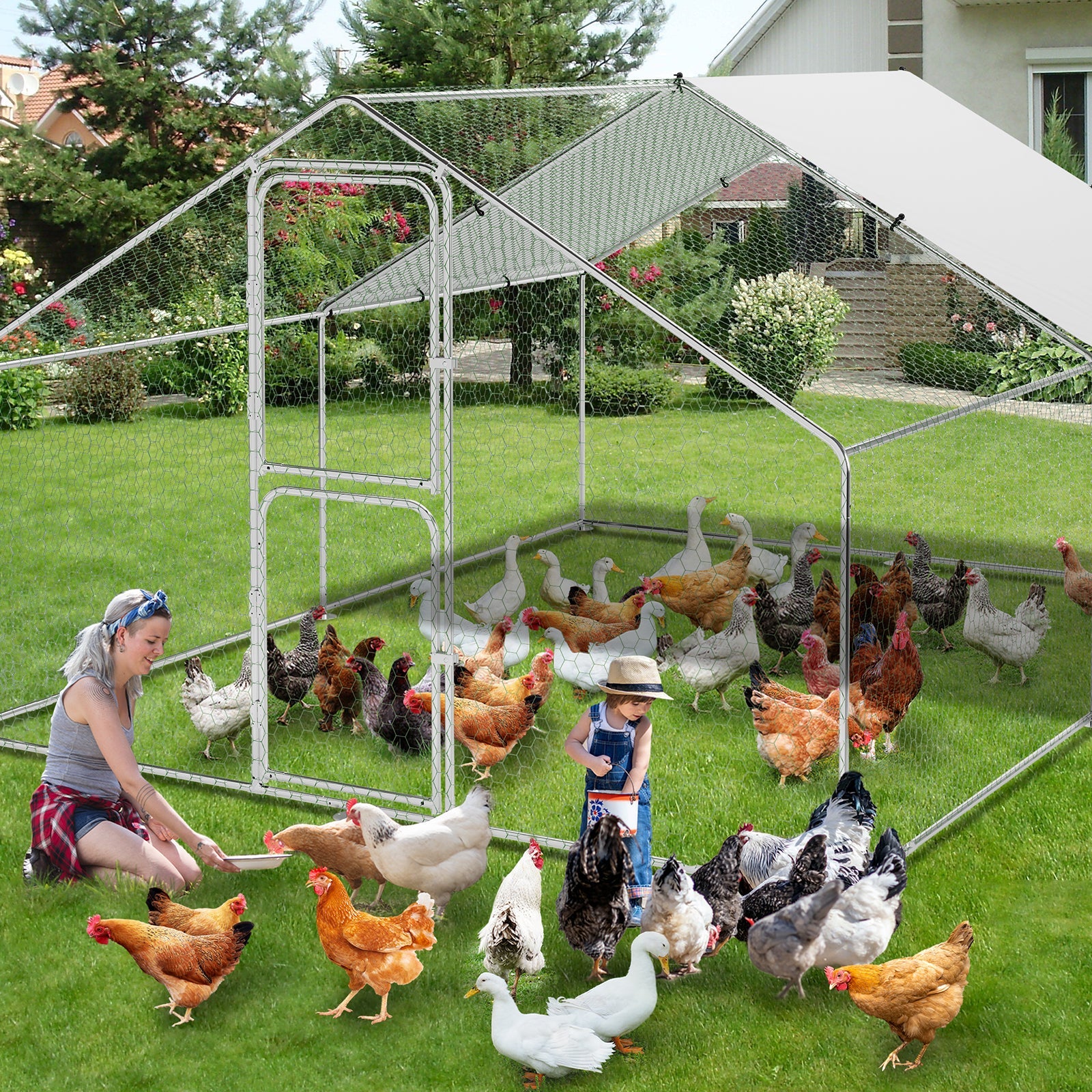 Garvee Heavy-Duty Walk-In Metal Chicken Coop for Backyard Poultry – Dual Lockable Doors, Galvanized Steel Frame, Waterproof UV-Resistant Cover, Spire Roof Hen House, 9.8' W x 13.1' D x 6.6' H